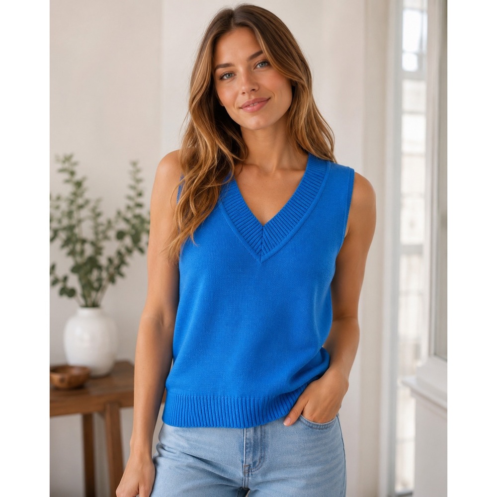 Misook Sweater Vest Womens XS Blue Excellent V-Neck Ribbed Knit Sleeveless Top